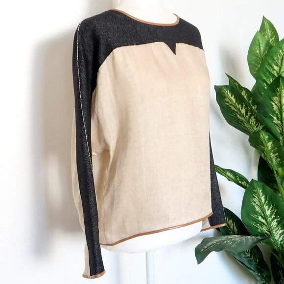 Dina Agam Anthropologie Linen Denim Lambskin Leather Crew Neck Long Sleeve Top M - Picture 11 of 12